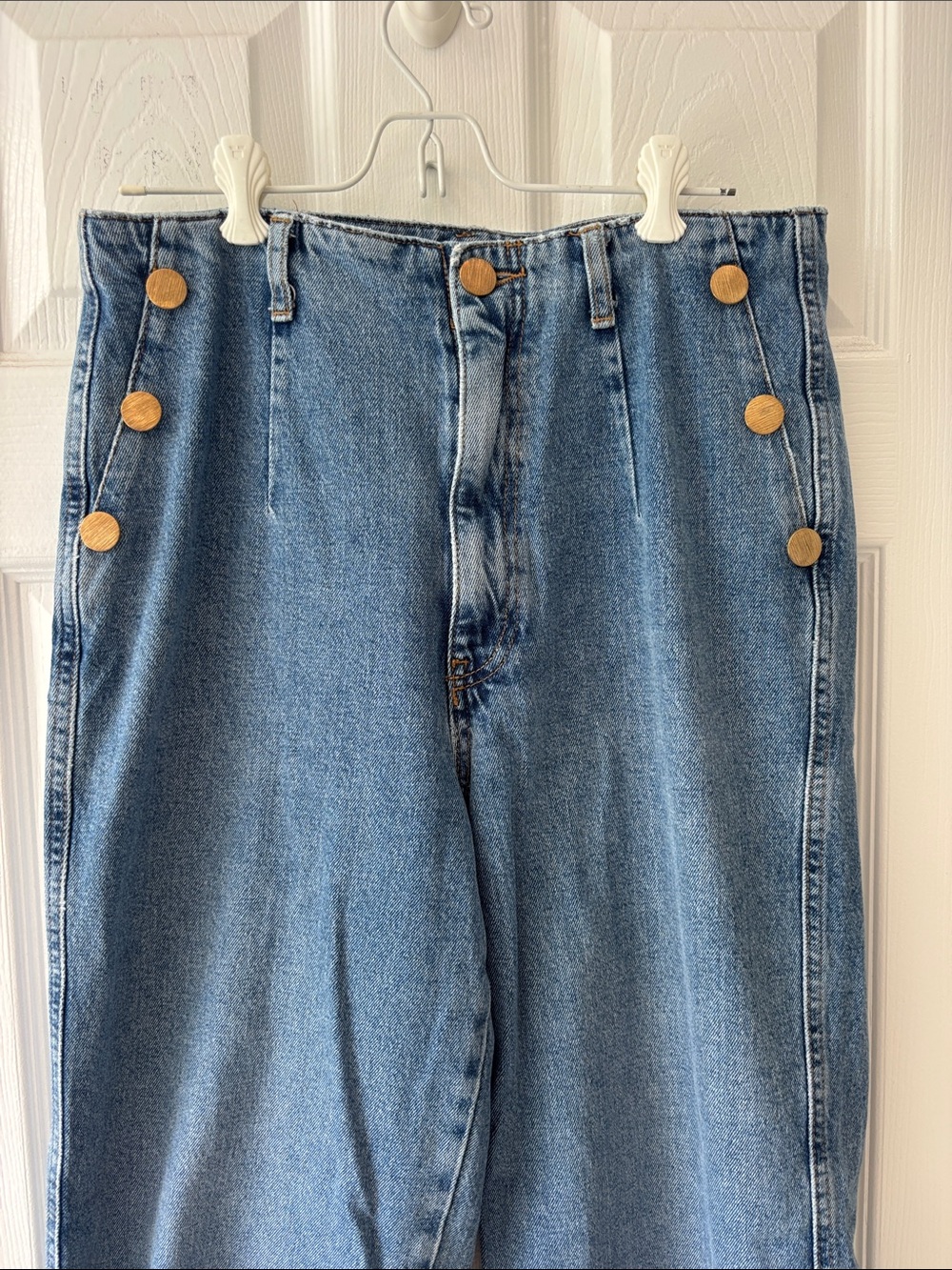 Zara High-Rise Sailor Marine Wide-Leg Jeans in Medium Blue with Gold Buttons
